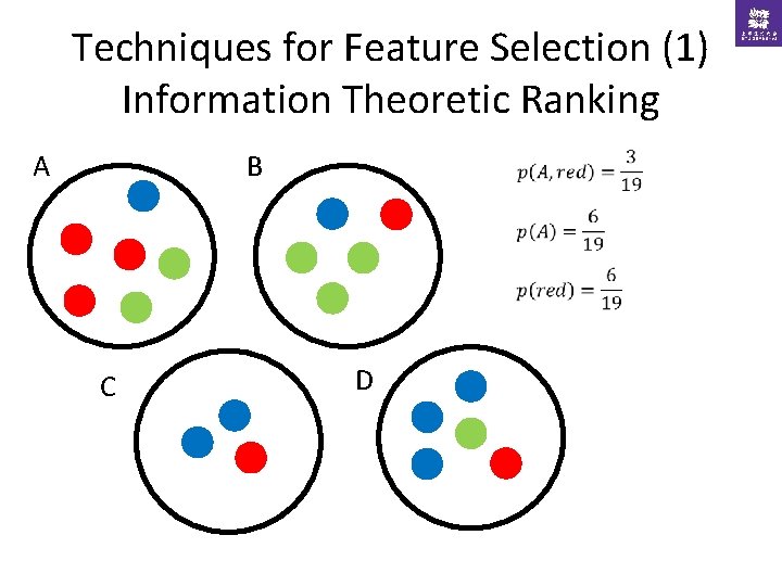 Techniques for Feature Selection (1) Information Theoretic Ranking A B C D 