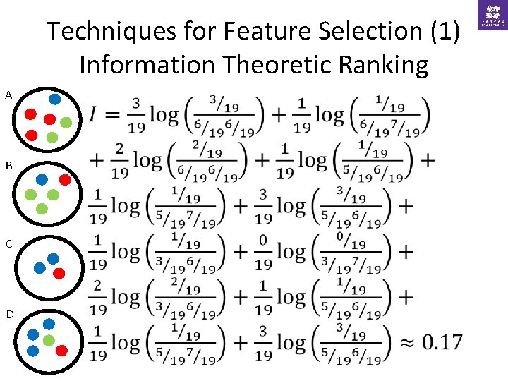 Techniques for Feature Selection (1) Information Theoretic Ranking A B C D 