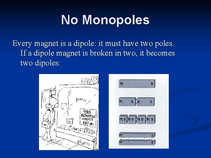 No Monopoles Every magnet is a dipole: it must have two poles. If a