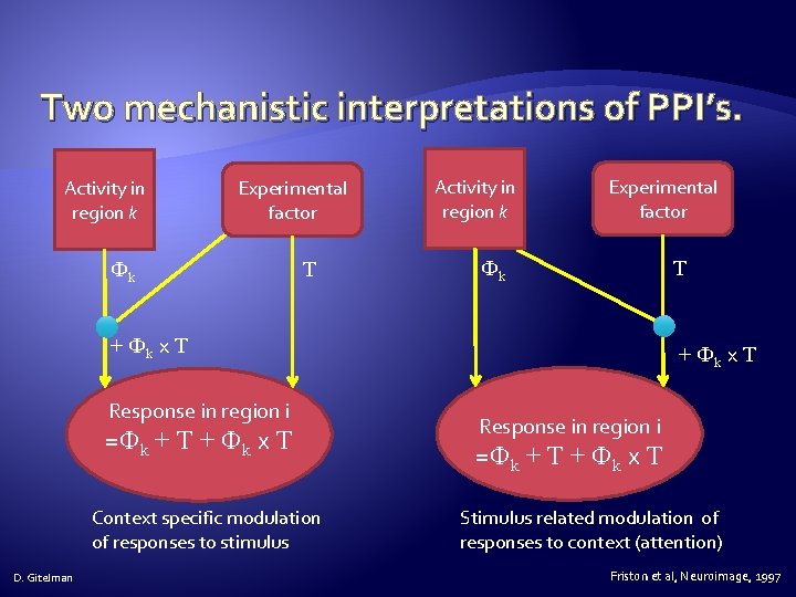 Two mechanistic interpretations of PPI’s. Activity in region k Experimental factor Фk T +