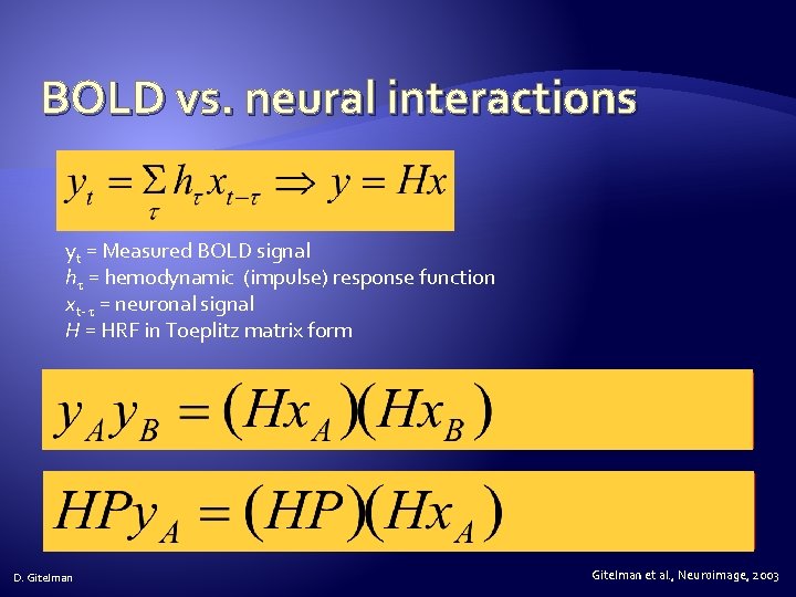 BOLD vs. neural interactions yt = Measured BOLD signal h = hemodynamic (impulse) response
