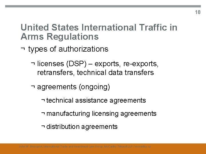 18 United States International Traffic in Arms Regulations ¬ types of authorizations ¬ licenses