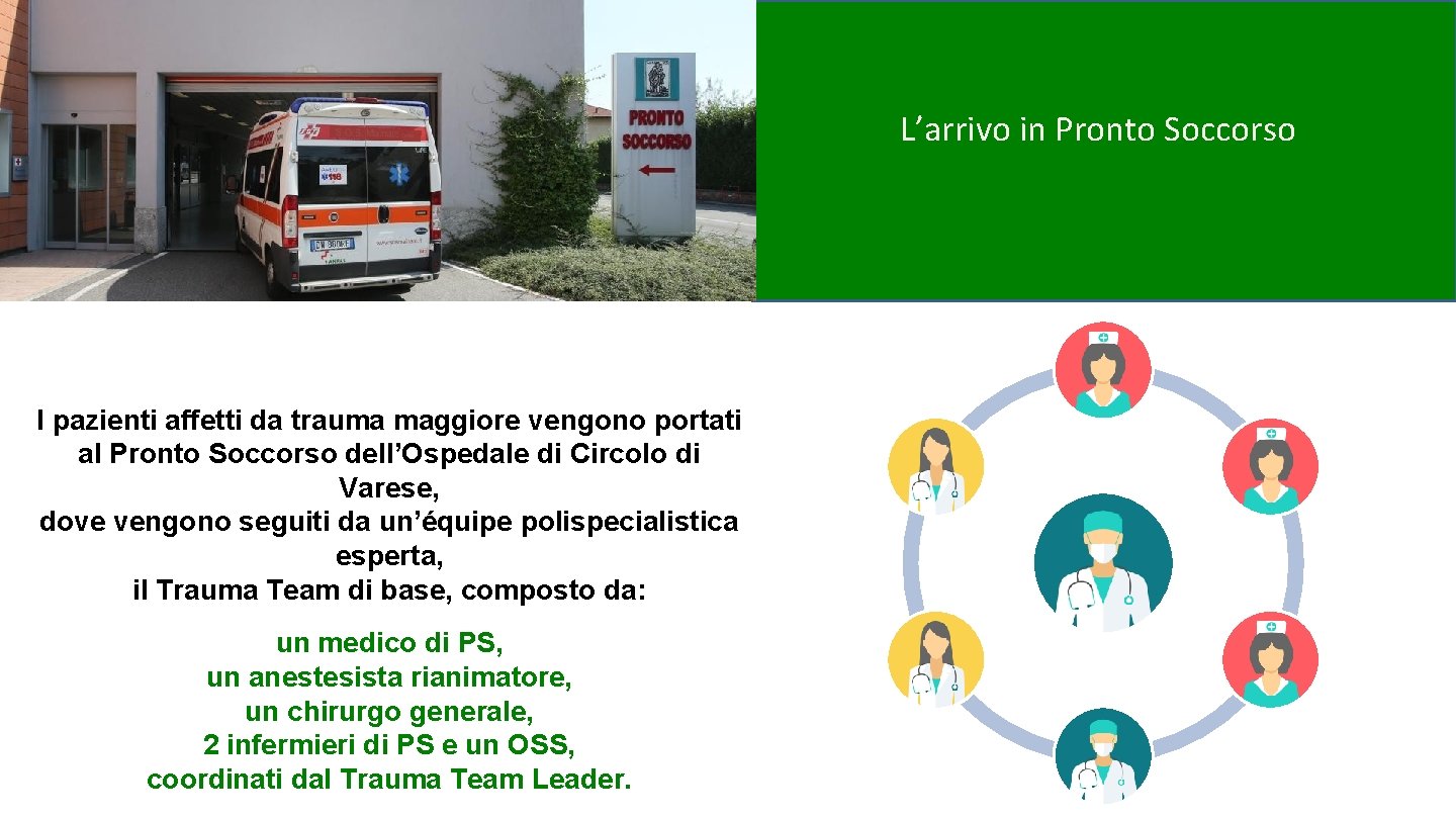 L’arrivo in Pronto Soccorso I pazienti affetti da trauma maggiore vengono portati al Pronto