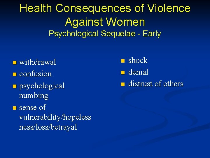 Health Consequences of Violence Against Women Psychological Sequelae - Early withdrawal n confusion n