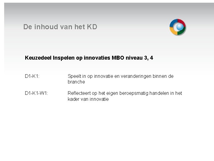 De inhoud van het KD Keuzedeel Inspelen op innovaties MBO niveau 3, 4 Welkom