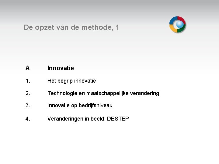 De opzet van de methode, 1 A 1. 2. Innovatie Welkom Het begrip innovatie