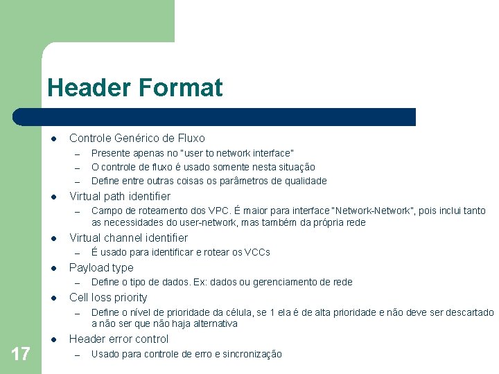 Header Format l Controle Genérico de Fluxo – – – l Virtual path identifier