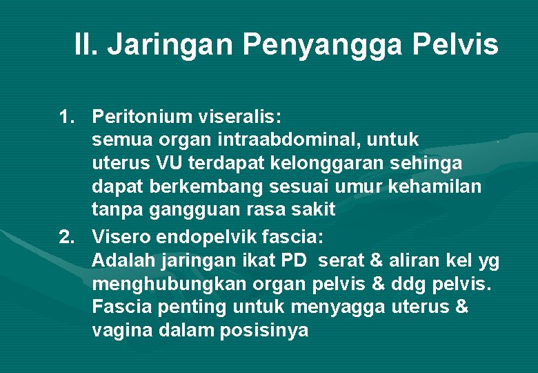 II. Jaringan Penyangga Pelvis 1. Peritonium viseralis: semua organ intraabdominal, untuk uterus VU terdapat
