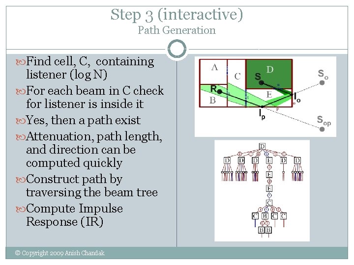 Step 3 (interactive) Path Generation Find cell, C, containing listener (log N) For each Step 3 (interactive) Path Generation Find cell, C, containing listener (log N) For each