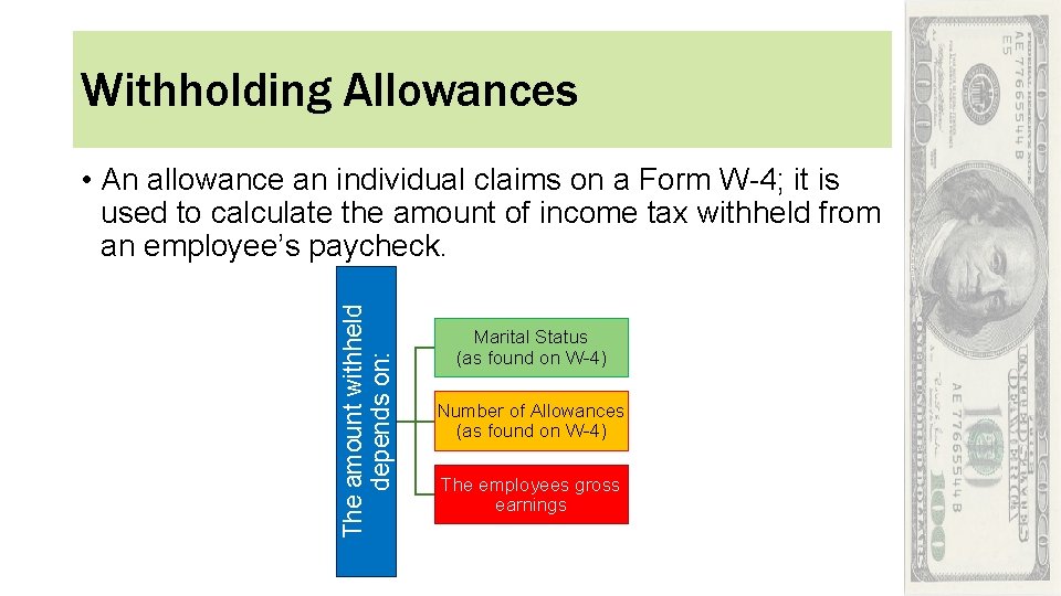 Withholding Allowances The amount withheld depends on: • An allowance an individual claims on