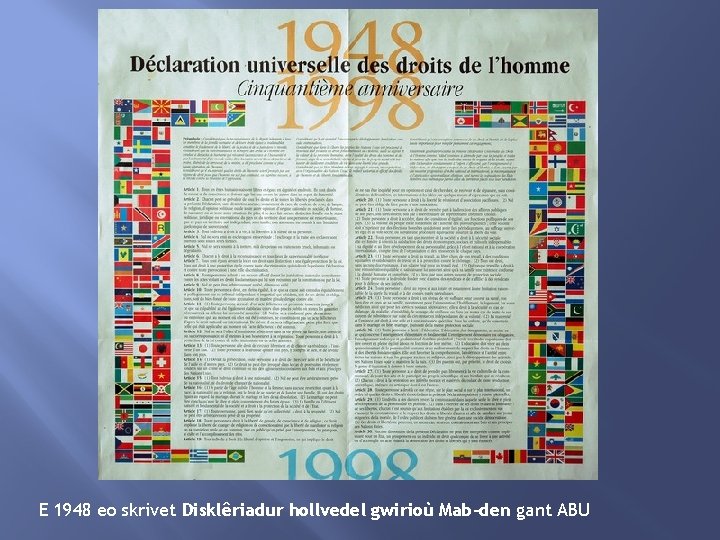 E 1948 eo skrivet Disklêriadur hollvedel gwirioù Mab-den gant ABU 