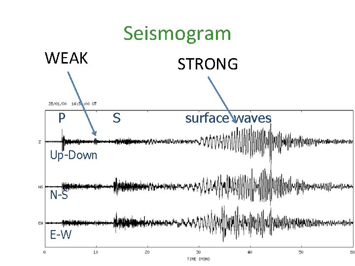 Seismogram WEAK P Up-Down N-S E-W STRONG S surface waves 