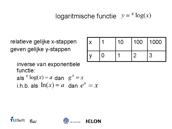 logaritmische functie relatieve gelijke x-stappen geven gelijke y-stappen inverse van exponentiele functie: als dan