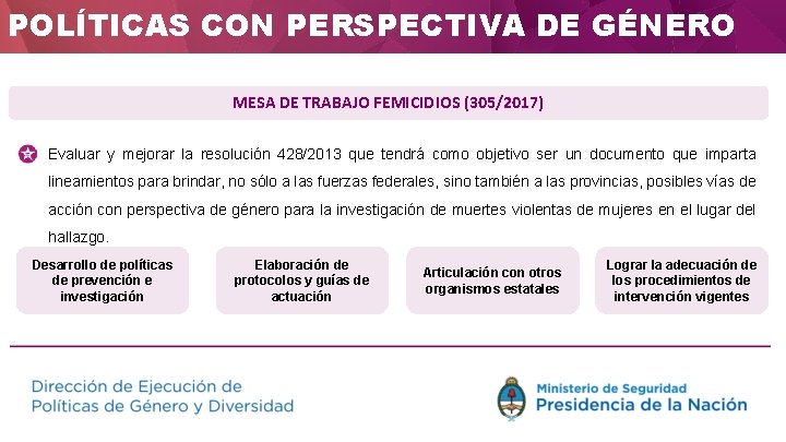 POLÍTICAS CON PERSPECTIVA DE GÉNERO MESA DE TRABAJO FEMICIDIOS (305/2017) Evaluar y mejorar la