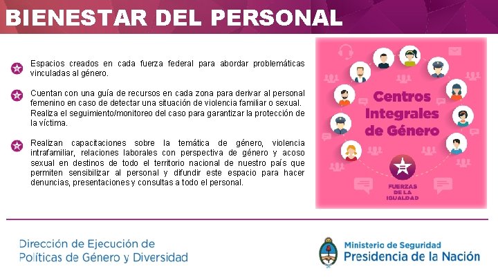 BIENESTAR DEL PERSONAL Espacios creados en cada fuerza federal para abordar problemáticas vinculadas al