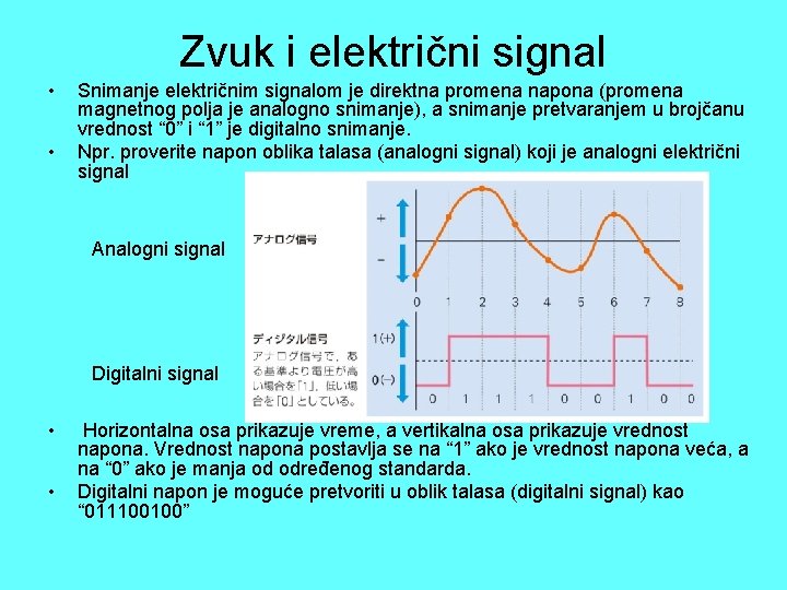 Zvuk i električni signal • • Snimanje električnim signalom je direktna promena napona (promena