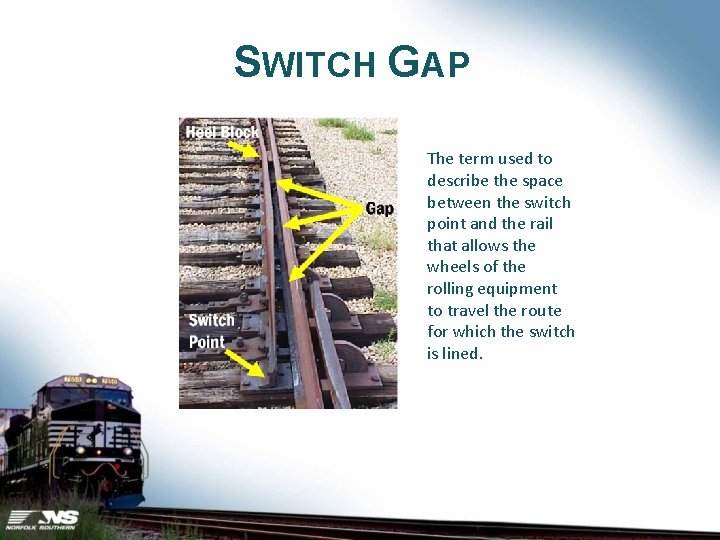 SWITCH GAP The term used to describe the space between the switch point and
