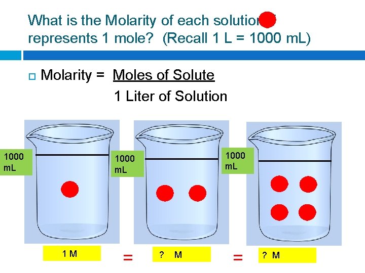 What is the Molarity of each solution if represents 1 mole? (Recall 1 L