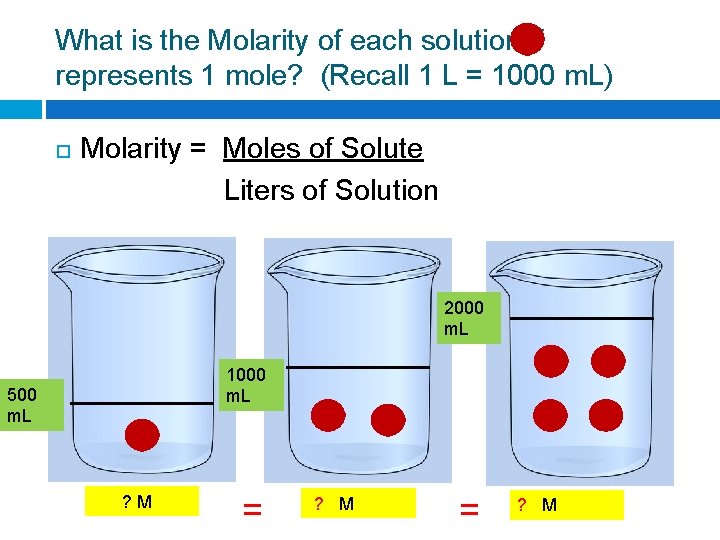 What is the Molarity of each solution if represents 1 mole? (Recall 1 L