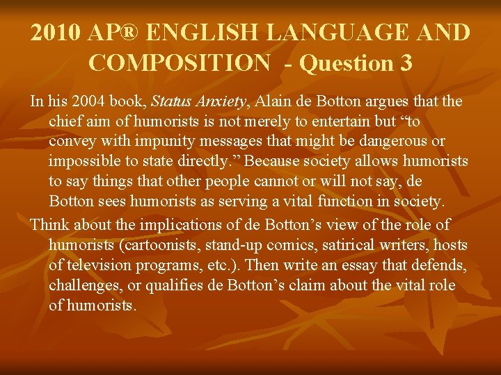 2010 AP® ENGLISH LANGUAGE AND COMPOSITION - Question 3 In his 2004 book, Status 2010 AP® ENGLISH LANGUAGE AND COMPOSITION - Question 3 In his 2004 book, Status