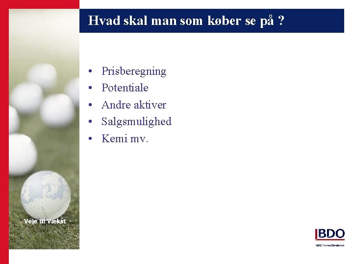 Hvad skal man som køber se på ? • • • Prisberegning Potentiale Andre