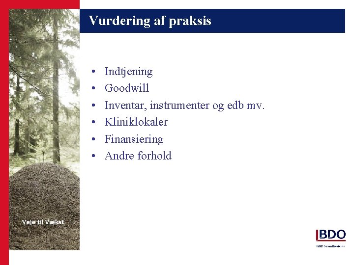 Vurdering af praksis • • • Indtjening Goodwill Inventar, instrumenter og edb mv. Kliniklokaler