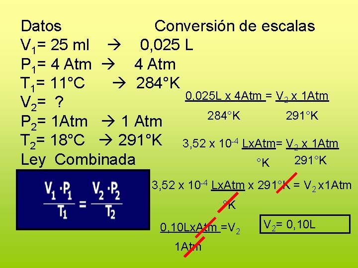 Datos Conversión de escalas V 1= 25 ml 0, 025 L P 1= 4