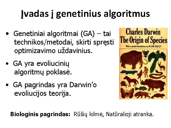 Įvadas į genetinius algoritmus • Genetiniai algoritmai (GA) – tai technikos/metodai, skirti spręsti optimizavimo