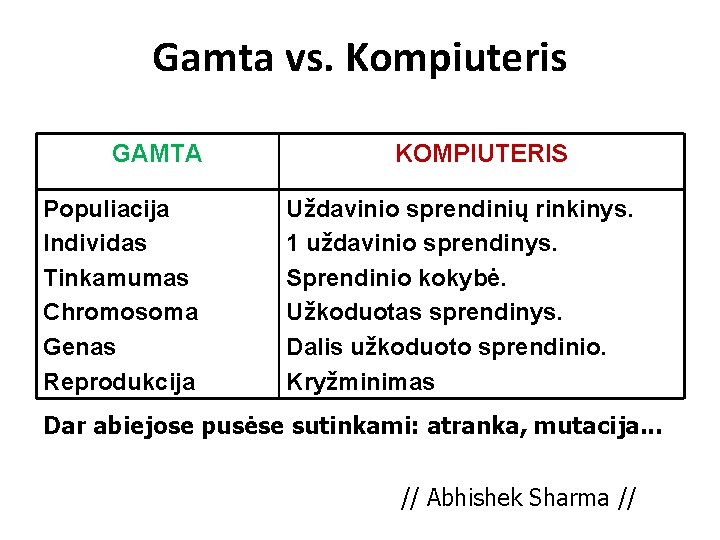 Gamta vs. Kompiuteris GAMTA Populiacija Individas Tinkamumas Chromosoma Genas Reprodukcija KOMPIUTERIS Uždavinio sprendinių rinkinys.