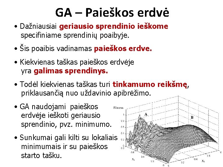 GA – Paieškos erdvė • Dažniausiai geriausio sprendinio ieškome specifiniame sprendinių poaibyje. • Šis