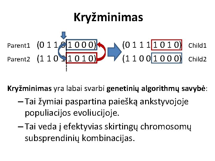 Kryžminimas Parent 1 Parent 2 (0 1 1 0 0 0) (1 1 0