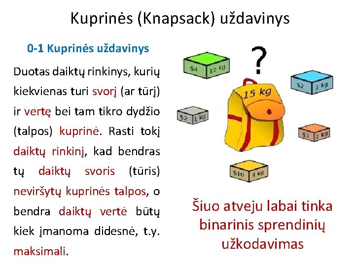 Kuprinės (Knapsack) uždavinys 0 -1 Kuprinės uždavinys Duotas daiktų rinkinys, kurių kiekvienas turi svorį