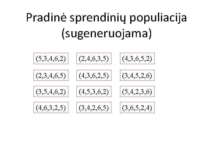 Pradinė sprendinių populiacija (sugeneruojama) (5, 3, 4, 6, 2) (2, 4, 6, 3, 5)