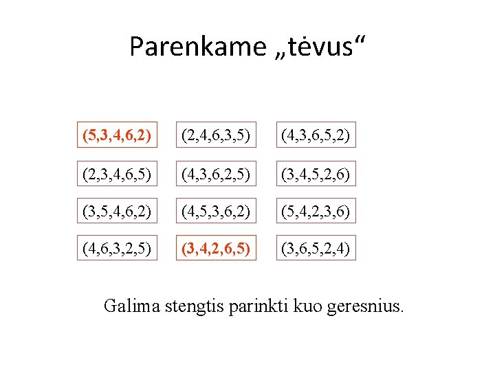 Parenkame „tėvus“ (5, 3, 4, 6, 2) (2, 4, 6, 3, 5) (4, 3,