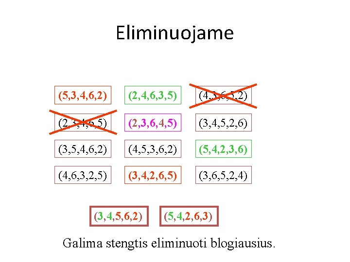 Eliminuojame (5, 3, 4, 6, 2) (2, 4, 6, 3, 5) (4, 3, 6,