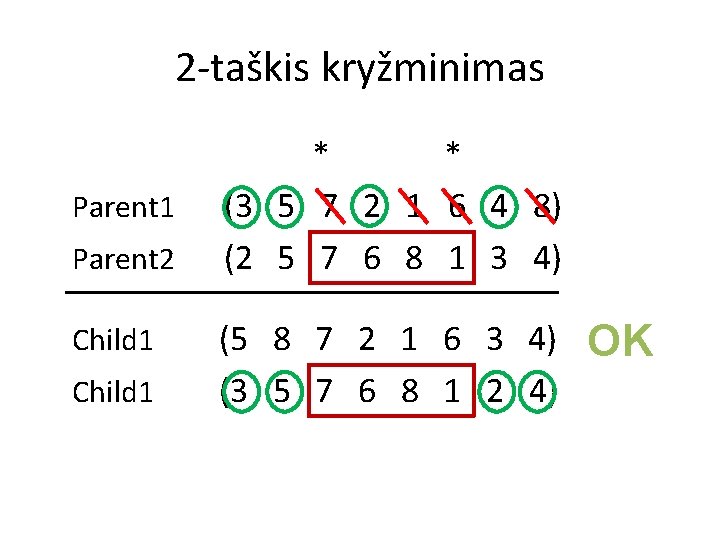 2 -taškis kryžminimas Parent 1 Parent 2 Child 1 * * (3 5 7