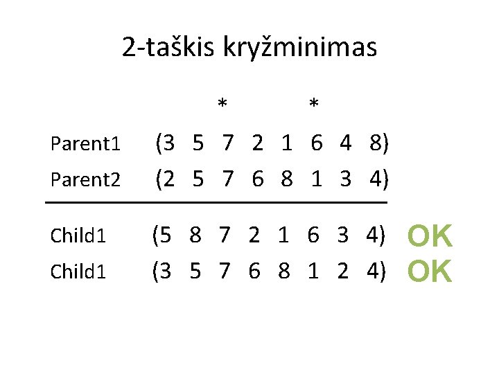 2 -taškis kryžminimas Parent 1 Parent 2 Child 1 * * (3 5 7