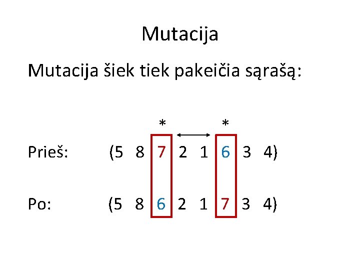 Mutacija šiek tiek pakeičia sąrašą: Prieš: * * (5 8 7 2 1 6