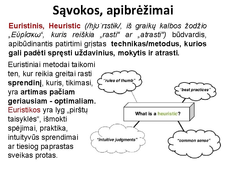 Sąvokos, apibrėžimai Euristinis, Heuristic (/hjʊˈrɪstɨk/, iš graikų kalbos žodžio „Εὑρίσκω“, kuris reiškia „rasti" ar