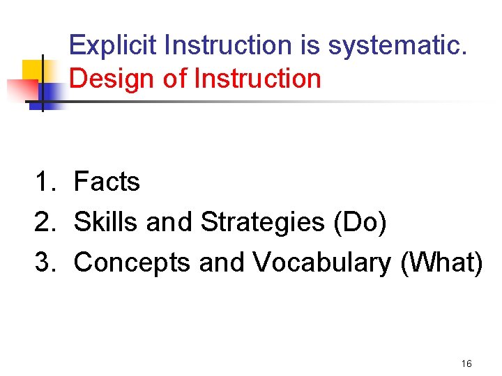 Explicit Instruction is systematic. Design of Instruction 1. Facts 2. Skills and Strategies (Do)