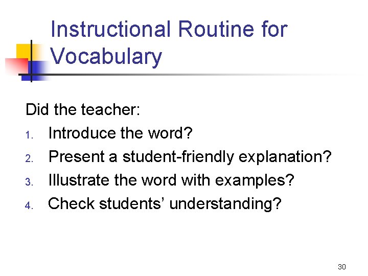 Instructional Routine for Vocabulary Did the teacher: 1. Introduce the word? 2. Present a