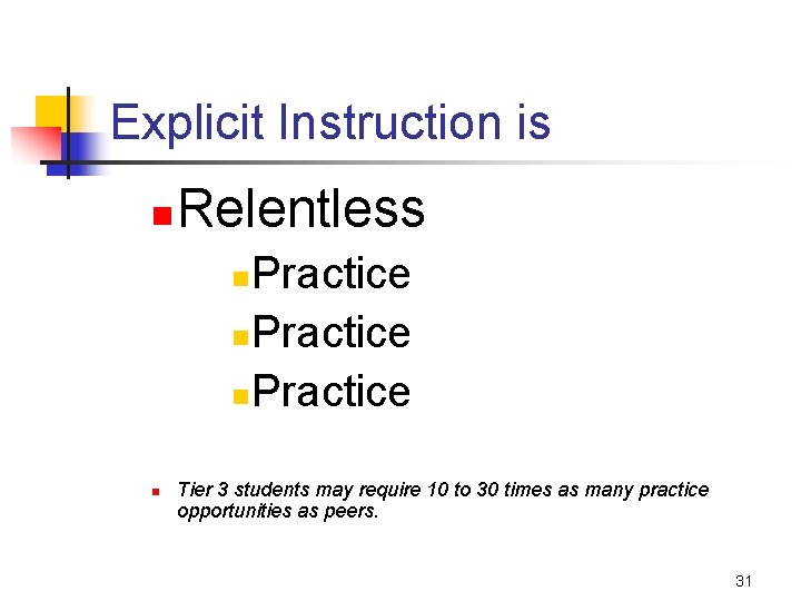 Explicit Instruction is n Relentless Practice n n Tier 3 students may require 10