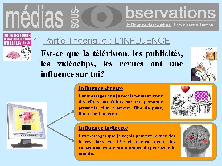 Influence des médias: Hypersexualisation 1. Partie Théorique : L’INFLUENCE Est-ce que la télévision, les