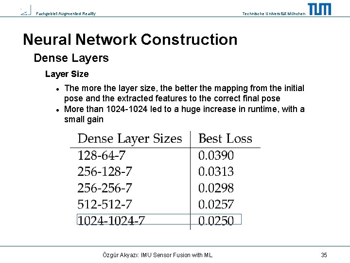 Fachgebiet Augmented Reality Technische Universität München Neural Network Construction Dense Layers Layer Size The
