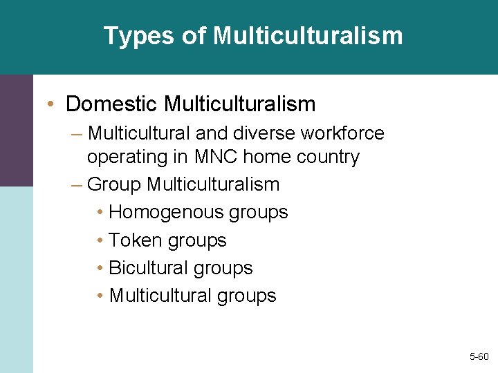 Types of Multiculturalism • Domestic Multiculturalism – Multicultural and diverse workforce operating in MNC