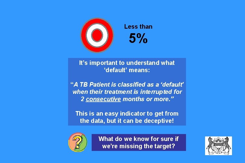 Less than 5% It’s important to understand what ‘default’ means: “A TB Patient is Less than 5% It’s important to understand what ‘default’ means: “A TB Patient is