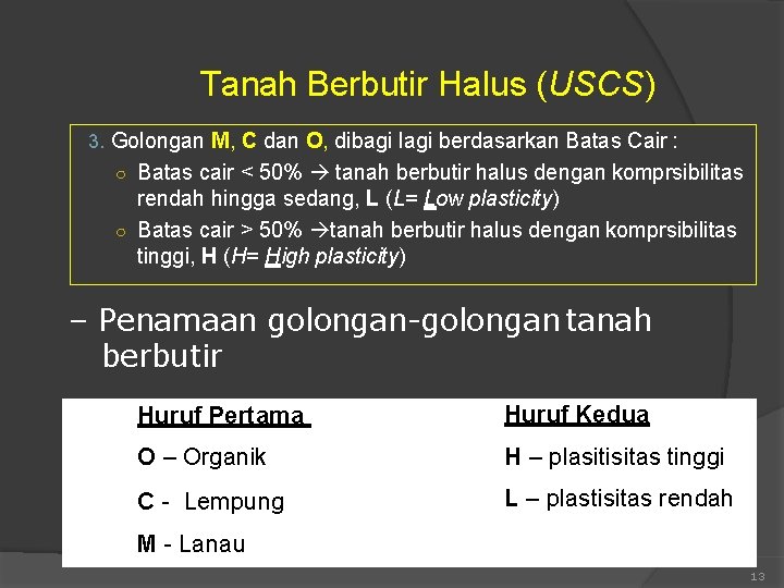 Tanah Berbutir Halus (USCS) 3. Golongan M, C dan O, dibagi lagi berdasarkan Batas