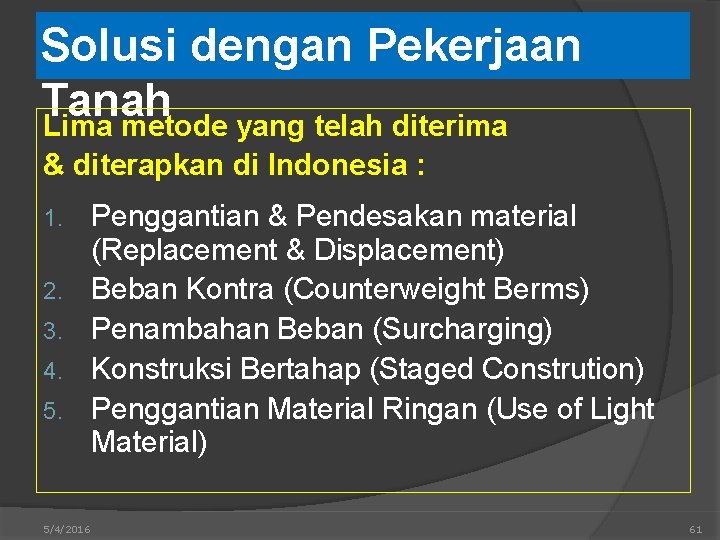 Solusi dengan Pekerjaan Tanah Lima metode yang telah diterima & diterapkan di Indonesia :