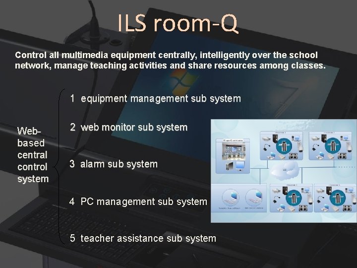 ILS room-Q Control all multimedia equipment centrally, intelligently over the school network, manage teaching