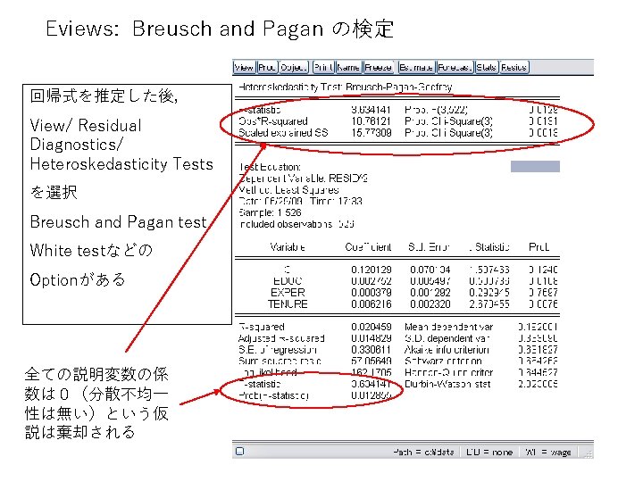 Eviews: Breusch and Pagan の検定 回帰式を推定した後， View/ Residual Diagnostics/ Heteroskedasticity Tests を選択 Breusch and